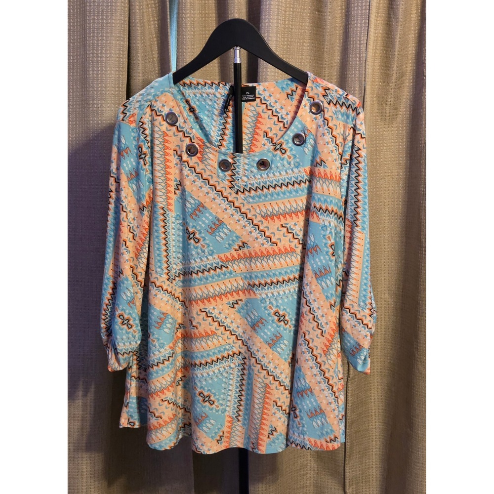New Directions Grommet Swing Geometric Print‎ Shirt Womens Size PL Teal Orange